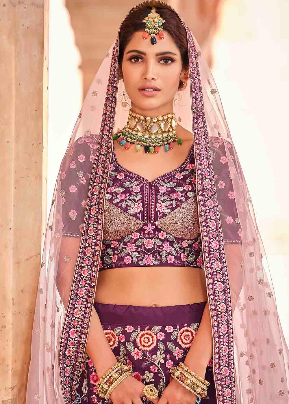 Rasin Purple Crepe Lehenga Choli with Thread, Zarkan & Sequins work - qivii