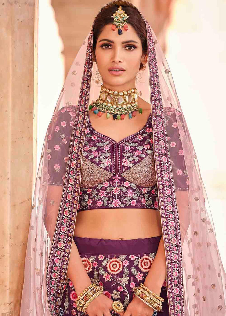 Rasin Purple Crepe Lehenga Choli with Thread, Zarkan & Sequins work - qivii