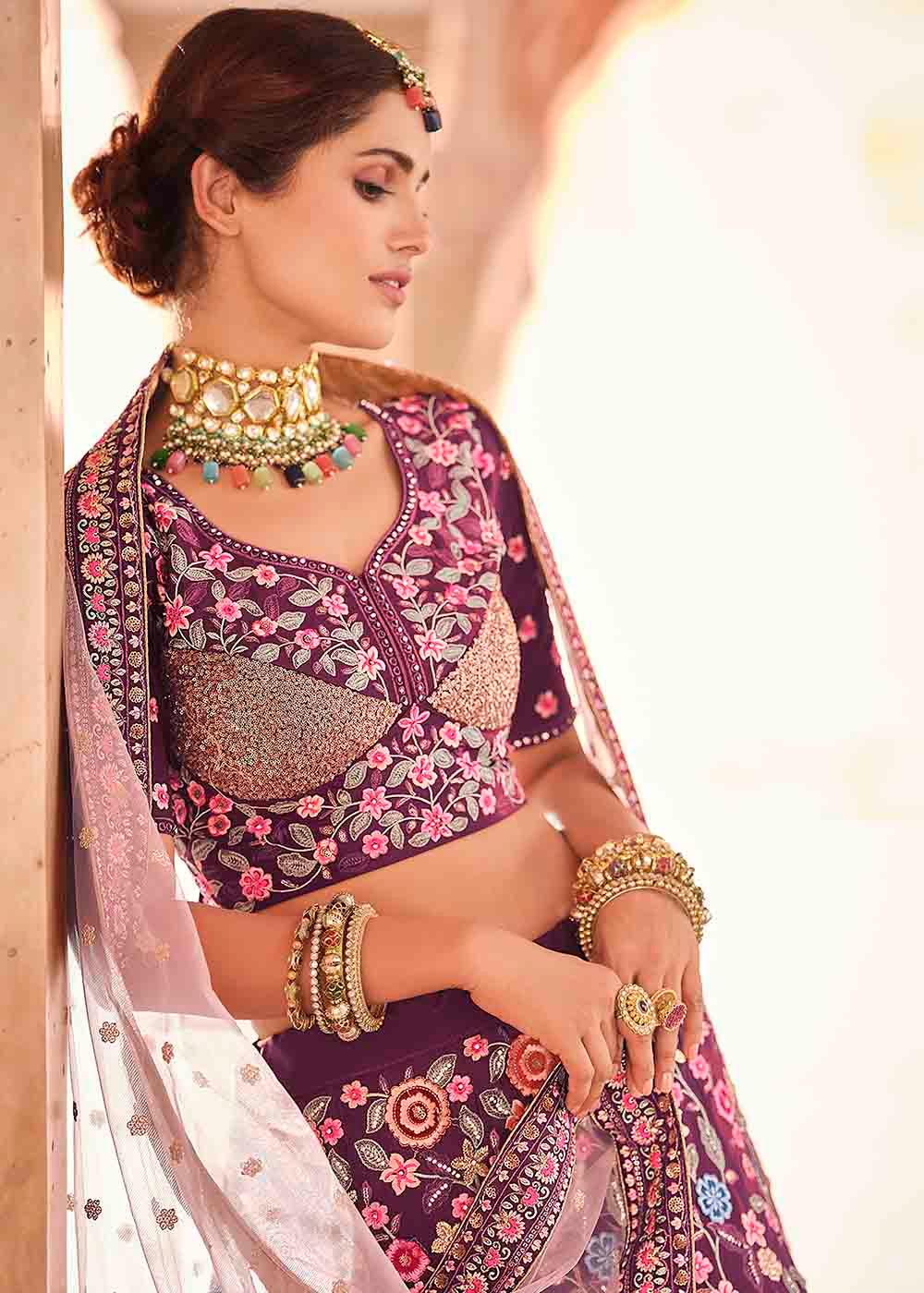 Rasin Purple Crepe Lehenga Choli with Thread, Zarkan & Sequins work - qivii