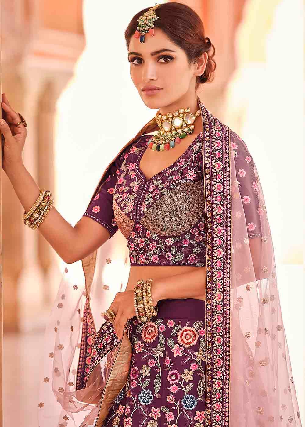 Rasin Purple Crepe Lehenga Choli with Thread, Zarkan & Sequins work - qivii