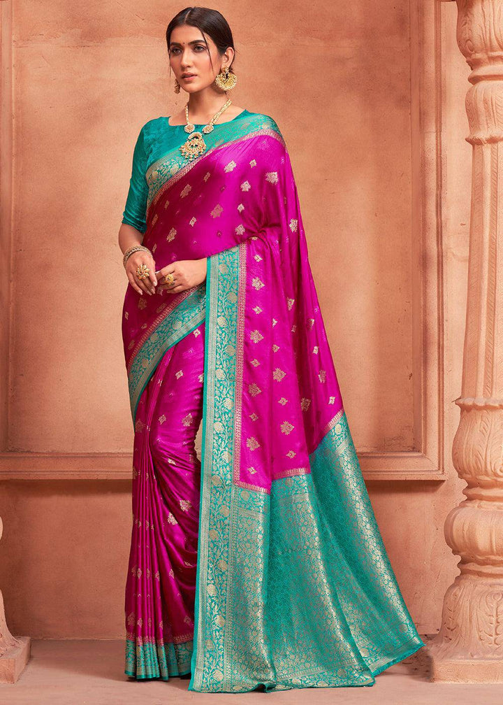 Raspberry Pink Satin Silk Saree with Overall Butti work | Stitched Blouse - qivii