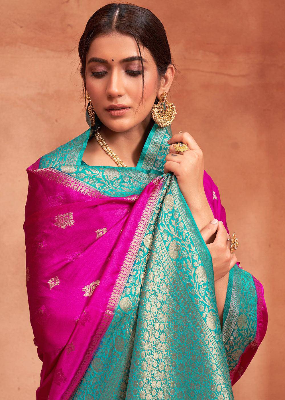 Raspberry Pink Satin Silk Saree with Overall Butti work | Stitched Blouse - qivii