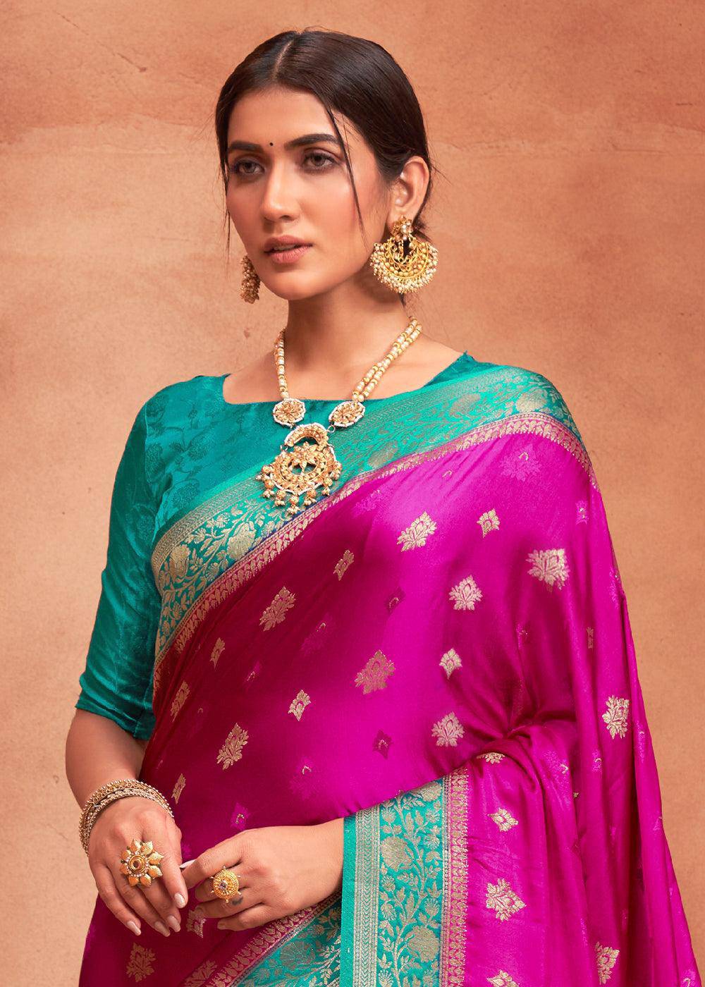 Raspberry Pink Satin Silk Saree with Overall Butti work | Stitched Blouse - qivii