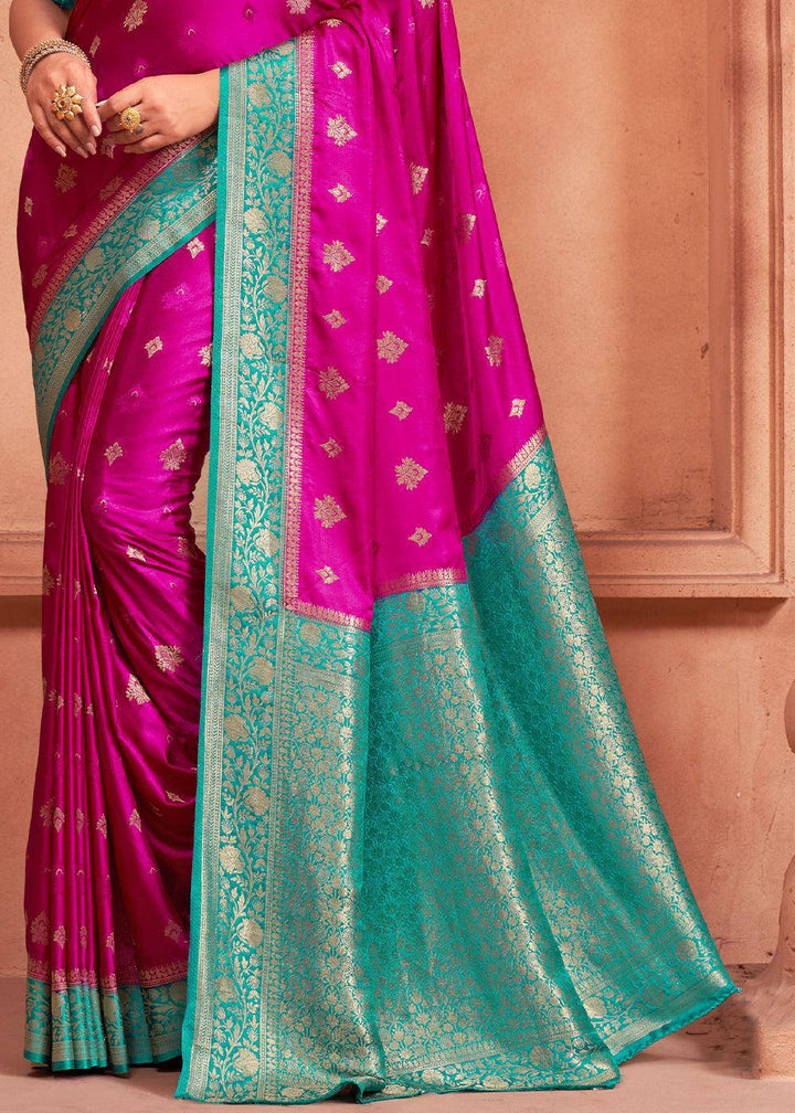 Raspberry Pink Satin Silk Saree with Overall Butti work | Stitched Blouse - qivii