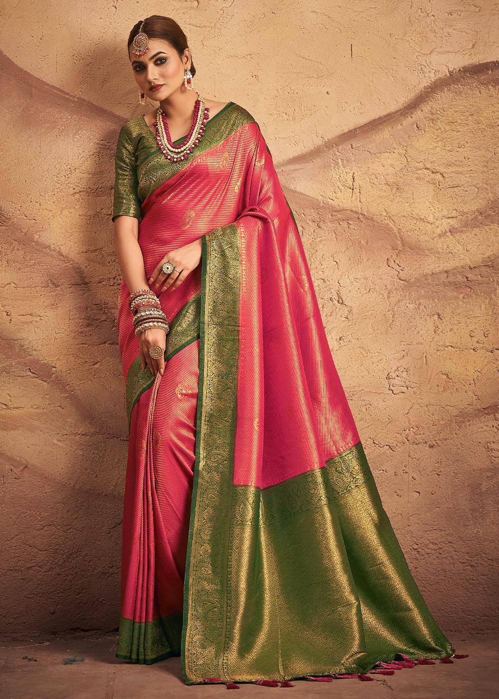 Raspberry Pink Zari Woven Silk Saree | Stitched Blouse - qivii