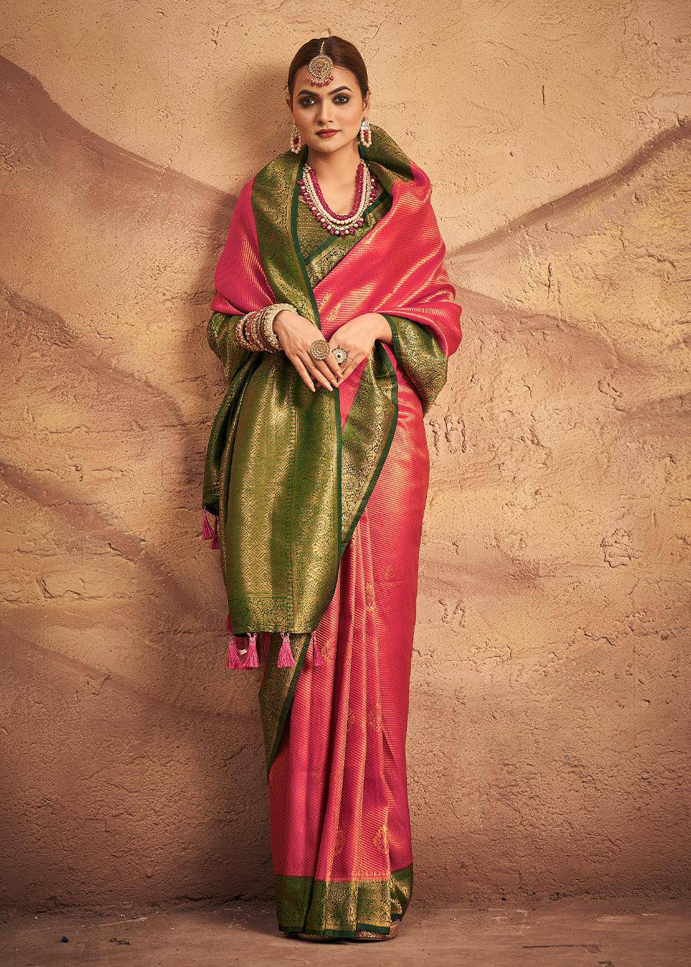 Raspberry Pink Zari Woven Silk Saree | Stitched Blouse - qivii