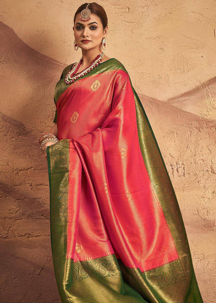 Raspberry Pink Zari Woven Silk Saree | Stitched Blouse - qivii