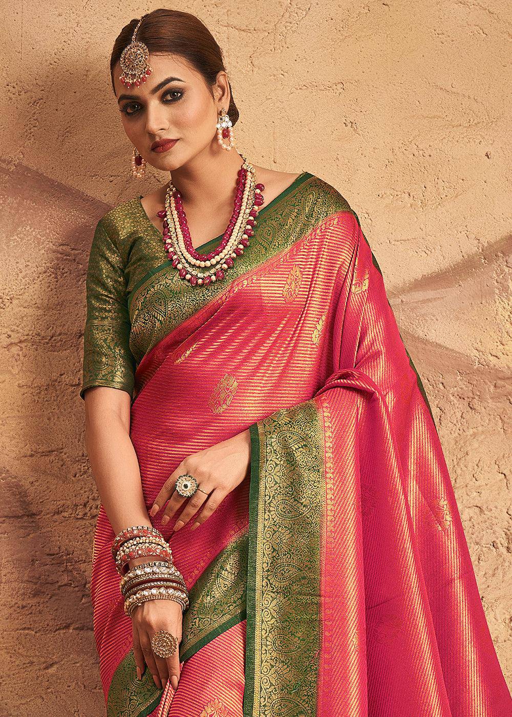 Raspberry Pink Zari Woven Silk Saree | Stitched Blouse - qivii