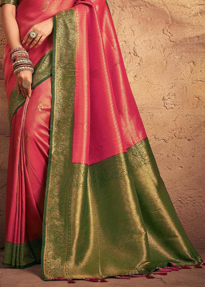 Raspberry Pink Zari Woven Silk Saree | Stitched Blouse - qivii