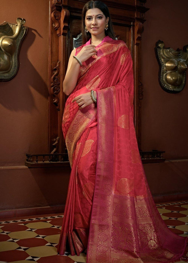 Raspberry Red Designer Satin Silk Saree | Stitched Blouse - qivii