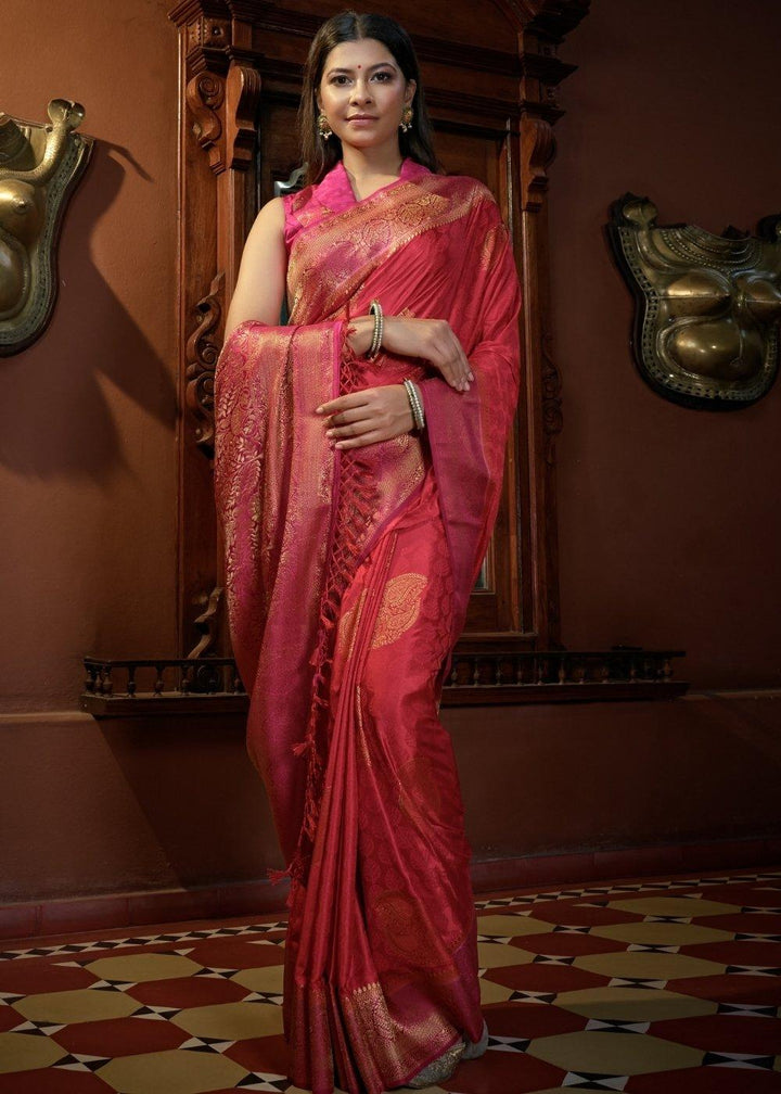 Raspberry Red Designer Satin Silk Saree | Stitched Blouse - qivii