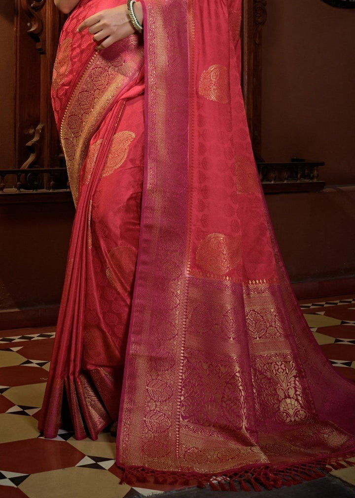 Raspberry Red Designer Satin Silk Saree | Stitched Blouse - qivii