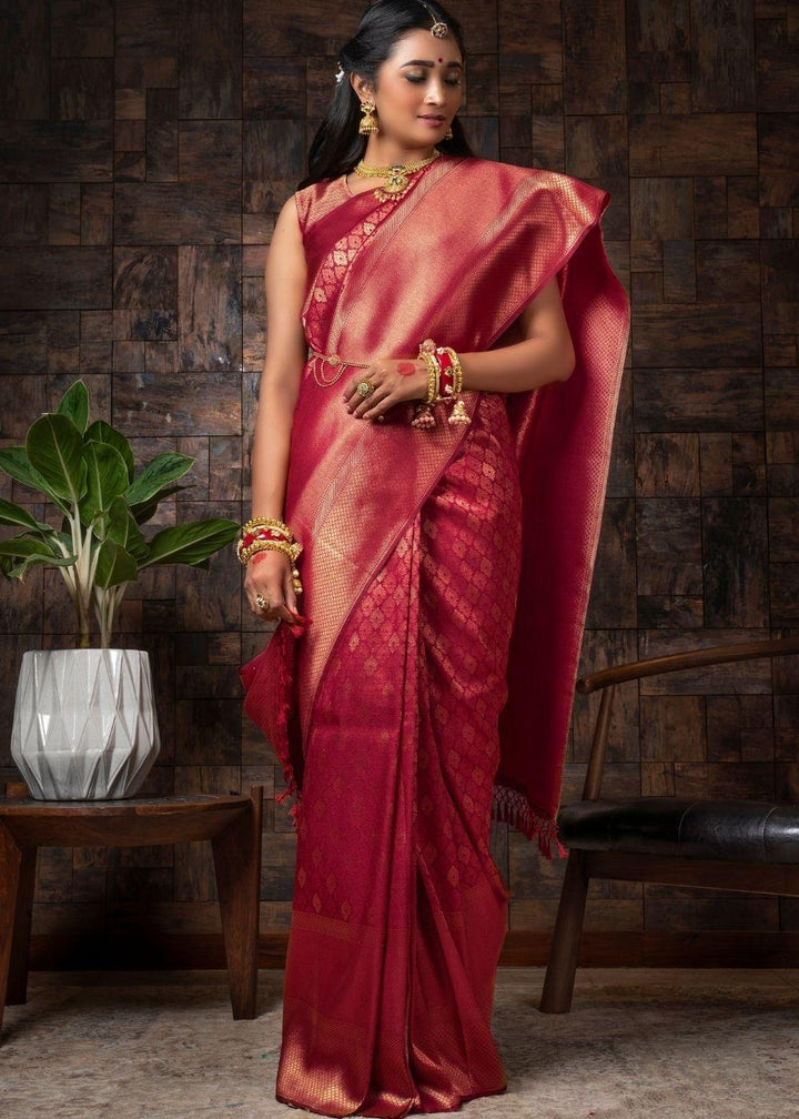 Raspberry Red Woven Kanjivaram Silk Saree | Stitched Blouse - qivii