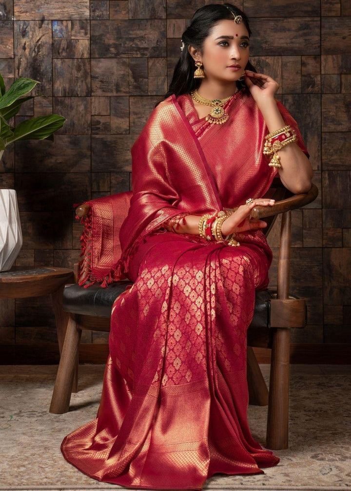 Raspberry Red Woven Kanjivaram Silk Saree | Stitched Blouse - qivii