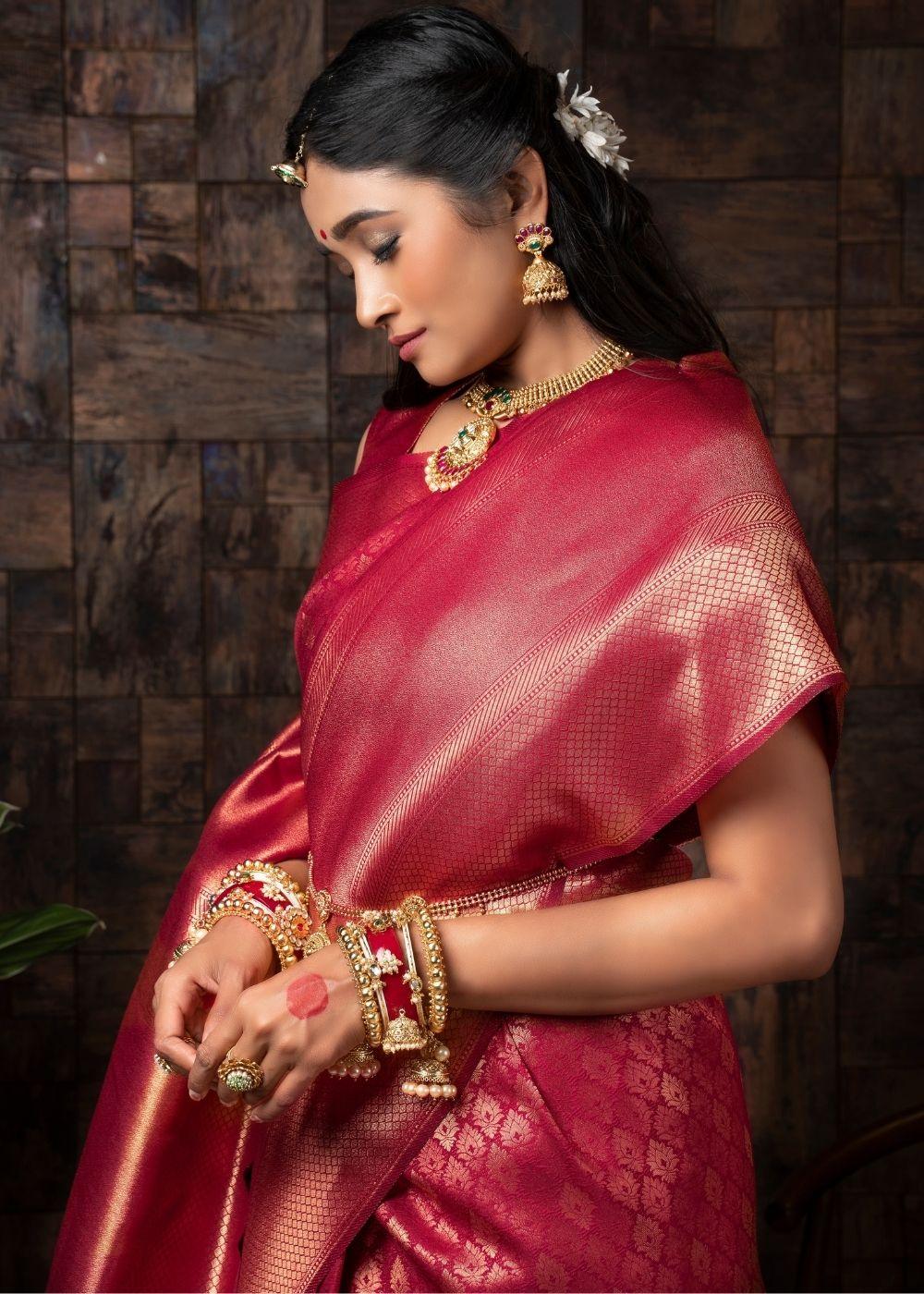 Raspberry Red Woven Kanjivaram Silk Saree | Stitched Blouse - qivii