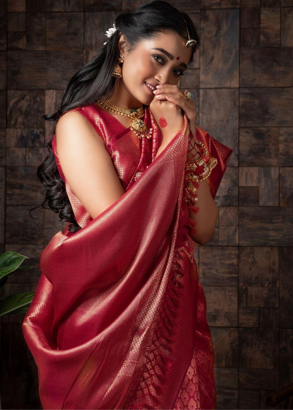 Raspberry Red Woven Kanjivaram Silk Saree | Stitched Blouse - qivii