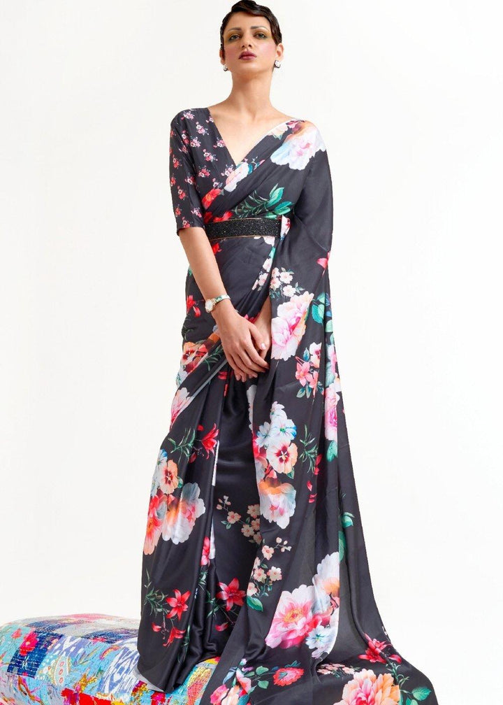 Raven Black Digital Printed Satin Crepe Saree | Stitched Blouse - qivii