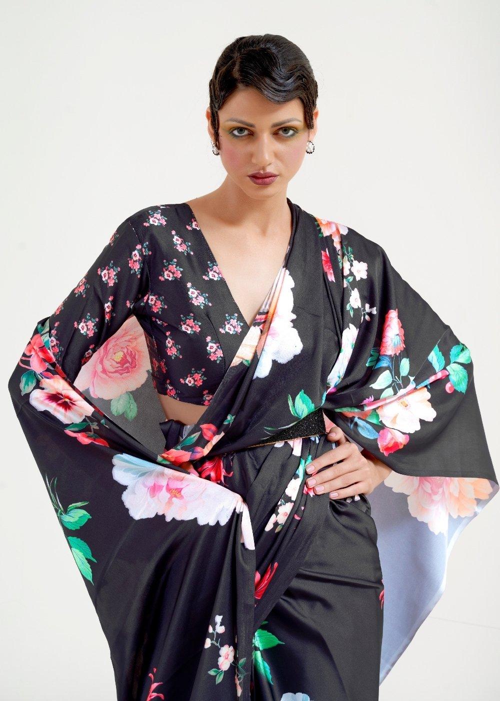 Raven Black Digital Printed Satin Crepe Saree | Stitched Blouse - qivii