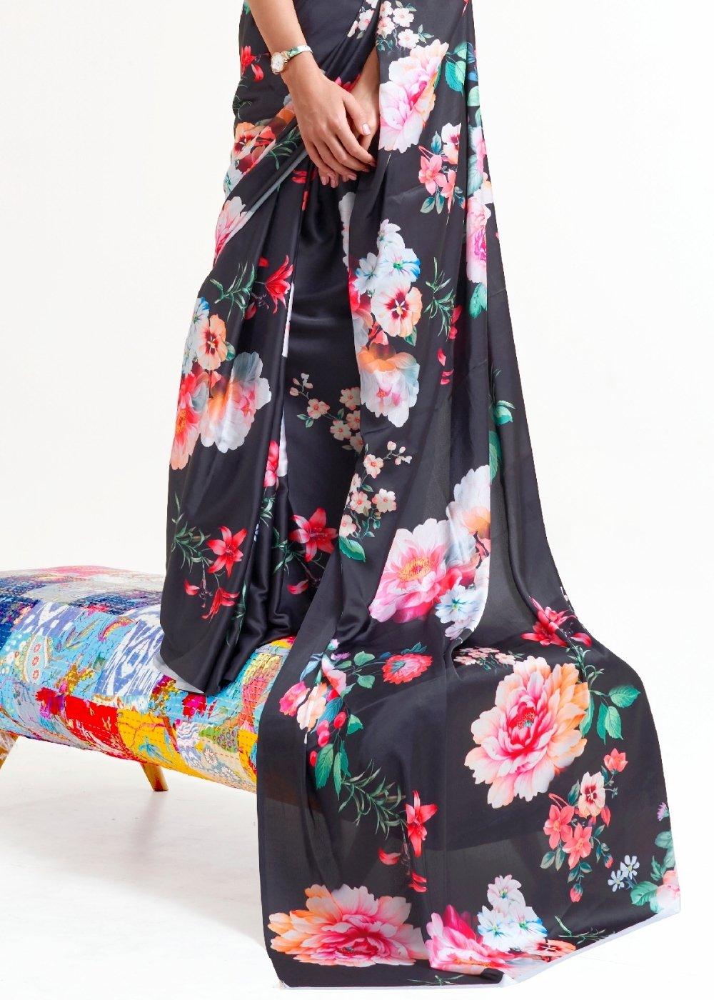 Raven Black Digital Printed Satin Crepe Saree | Stitched Blouse - qivii