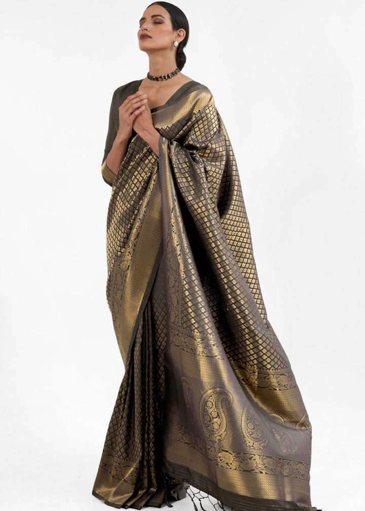 Raven Black Kanjivaram Soft Woven Silk Saree | Stitched Blouse - qivii