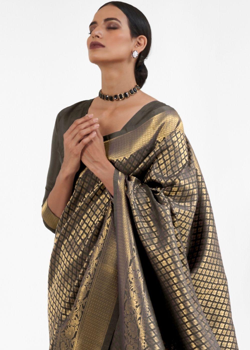 Raven Black Kanjivaram Soft Woven Silk Saree | Stitched Blouse - qivii