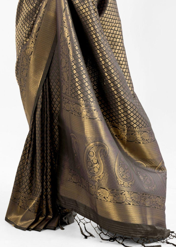 Raven Black Kanjivaram Soft Woven Silk Saree | Stitched Blouse - qivii