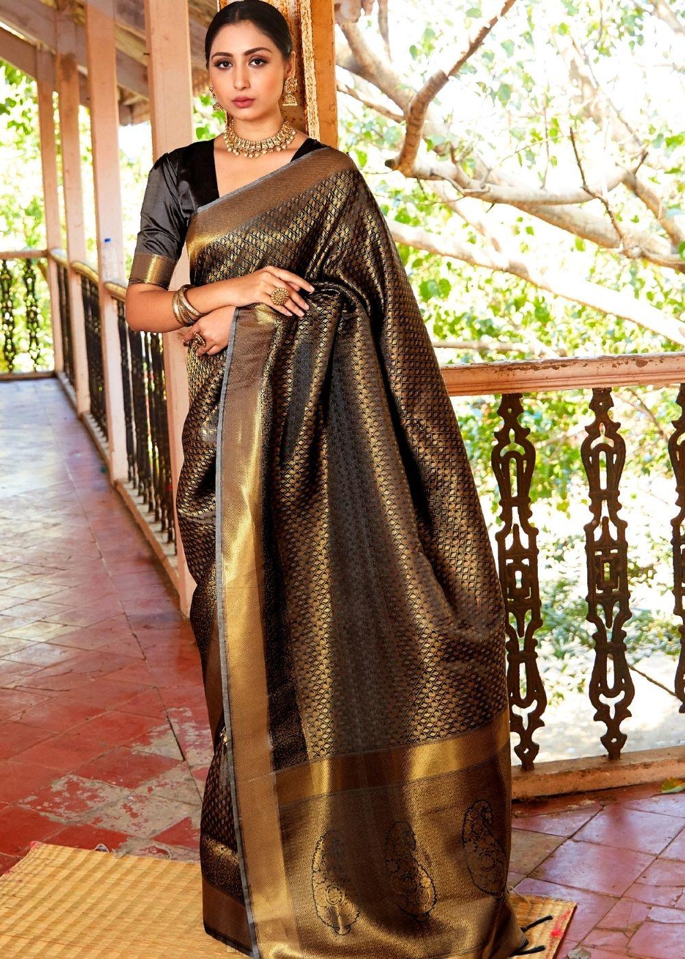 Raven Black Woven Kanjivaram Saree:Limited Edition | Stitched Blouse - qivii