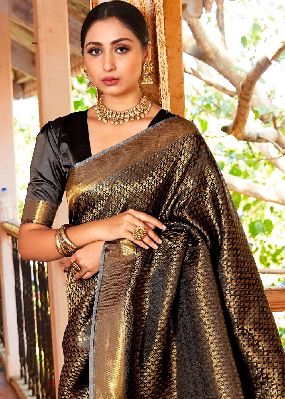 Raven Black Woven Kanjivaram Saree:Limited Edition | Stitched Blouse - qivii