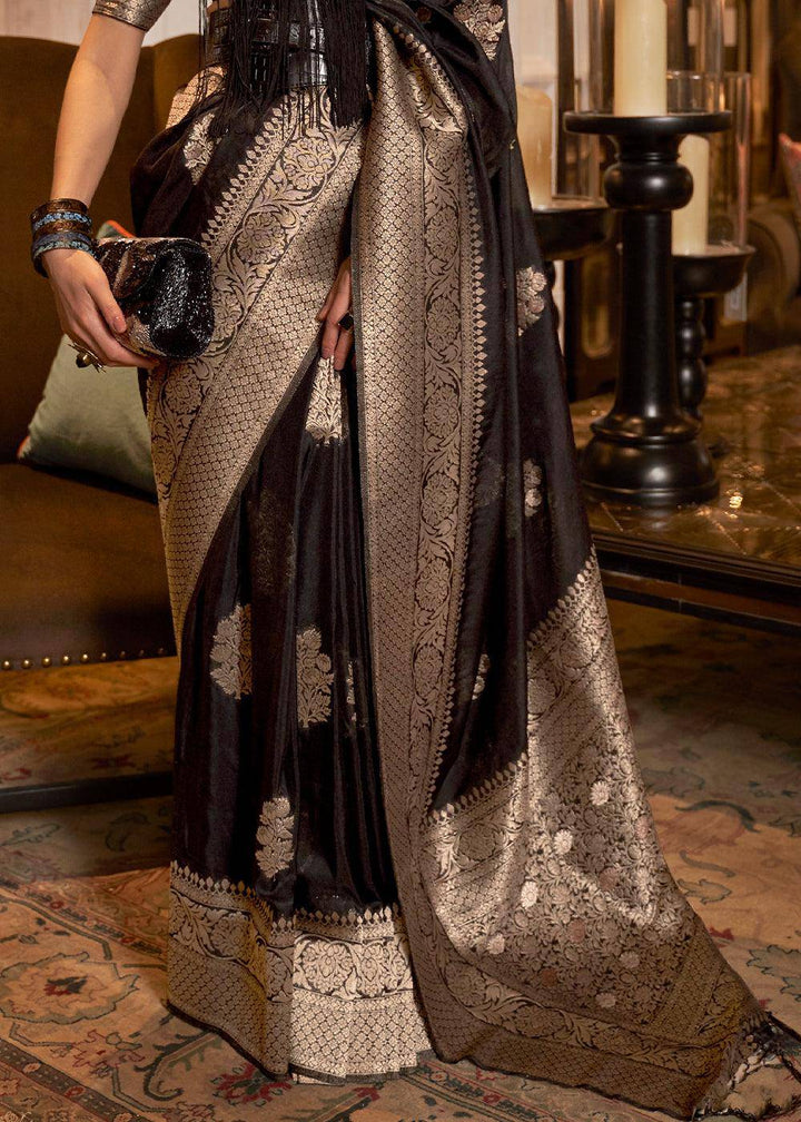 Raven Black Woven Khaddi Georgette Silk Saree | Stitched Blouse - qivii