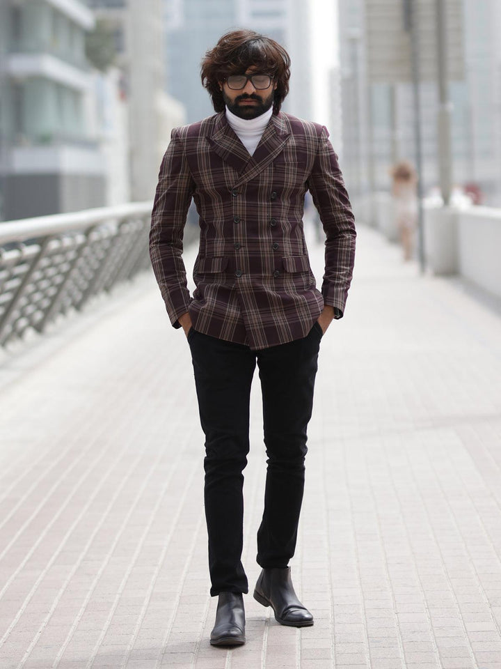 Ravishing Brown Color Men's Double Breasted Checks Blazer