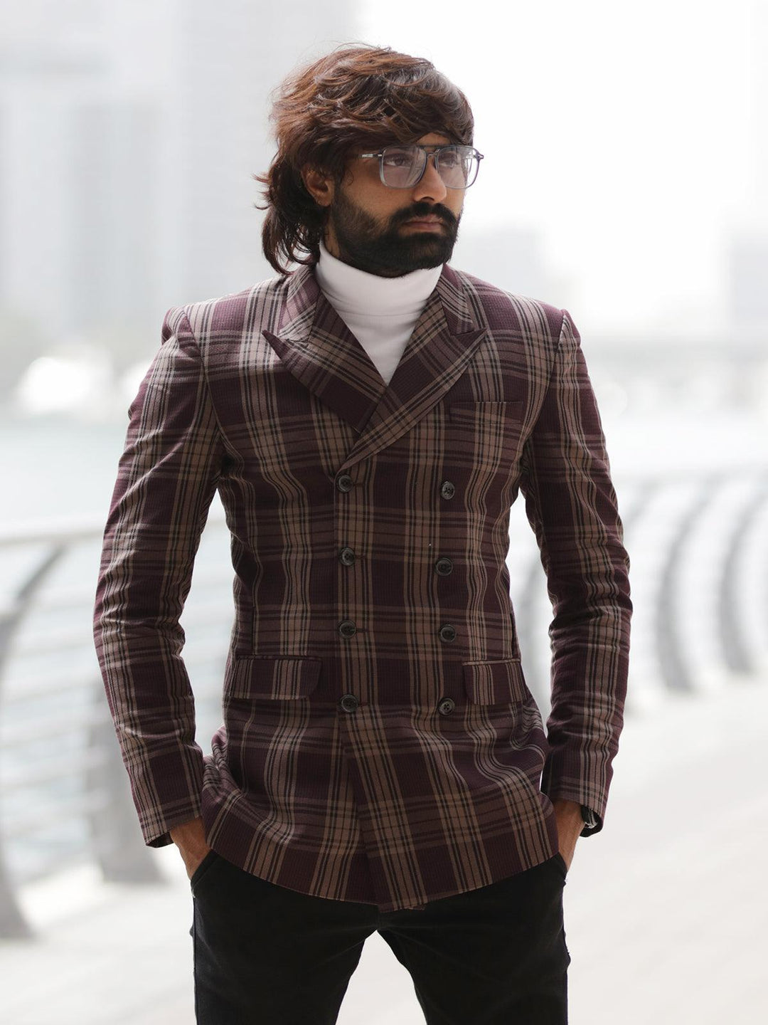 Ravishing Brown Color Men's Double Breasted Checks Blazer