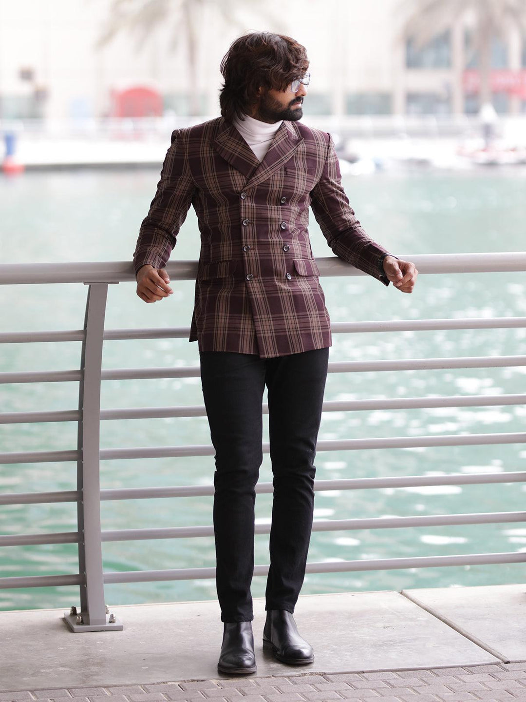 Ravishing Brown Color Men's Double Breasted Checks Blazer