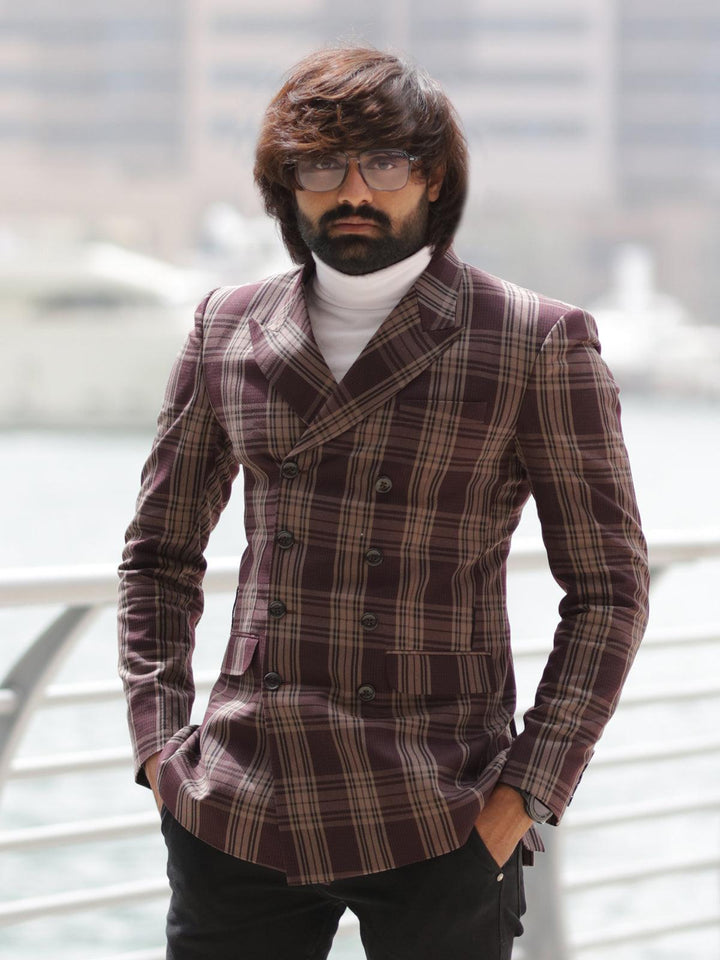 Ravishing Brown Color Men's Double Breasted Checks Blazer