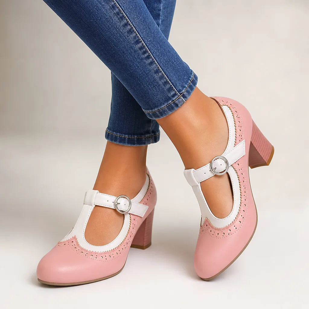Pink Rayburn women's orthopedic Mary Jane heels by Hudson Ridge, stylish supportive footwear for women with comfort focus.
