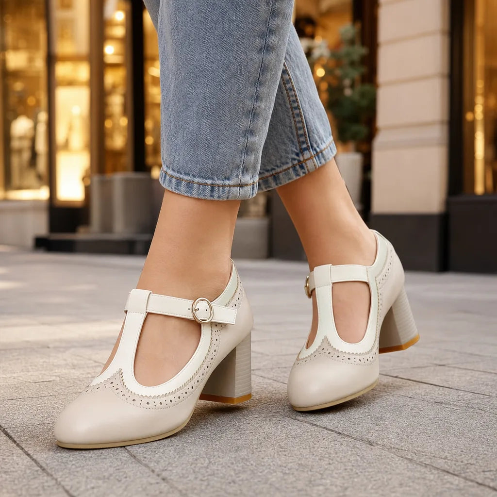 White Rayburn women's orthopedic Mary Jane heels by Hudson Ridge, featuring supportive design and classic style.
