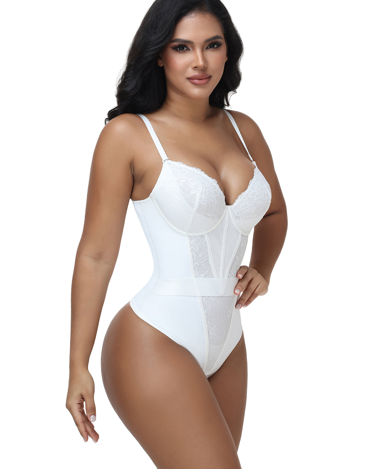 V Neck Lace Thong Bodysuit Adjustable Straps Waist Cinching Shapewear