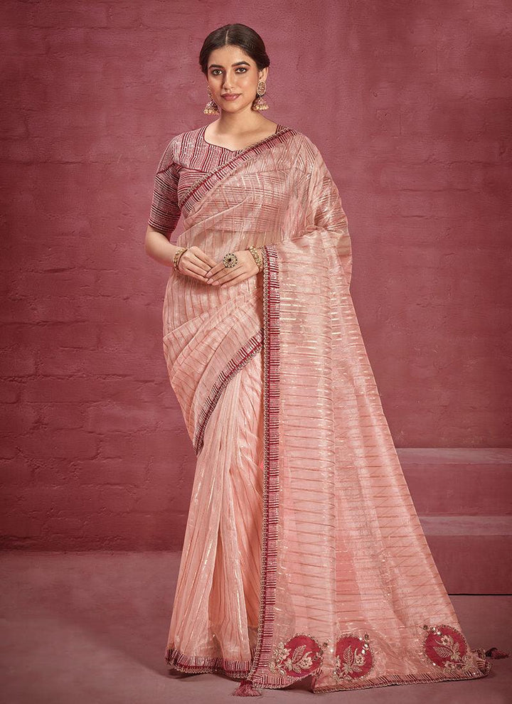 Ready To Wear Blouse With Peach Organza Saree  - By Kreeva