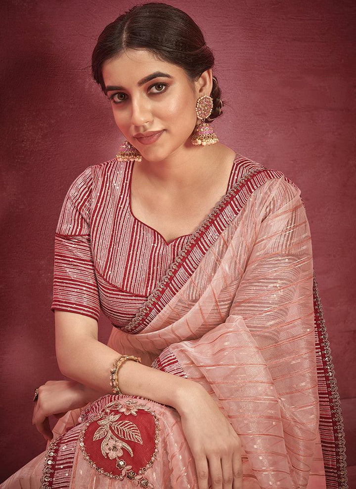 Ready To Wear Blouse With Peach Organza Saree  - By Kreeva