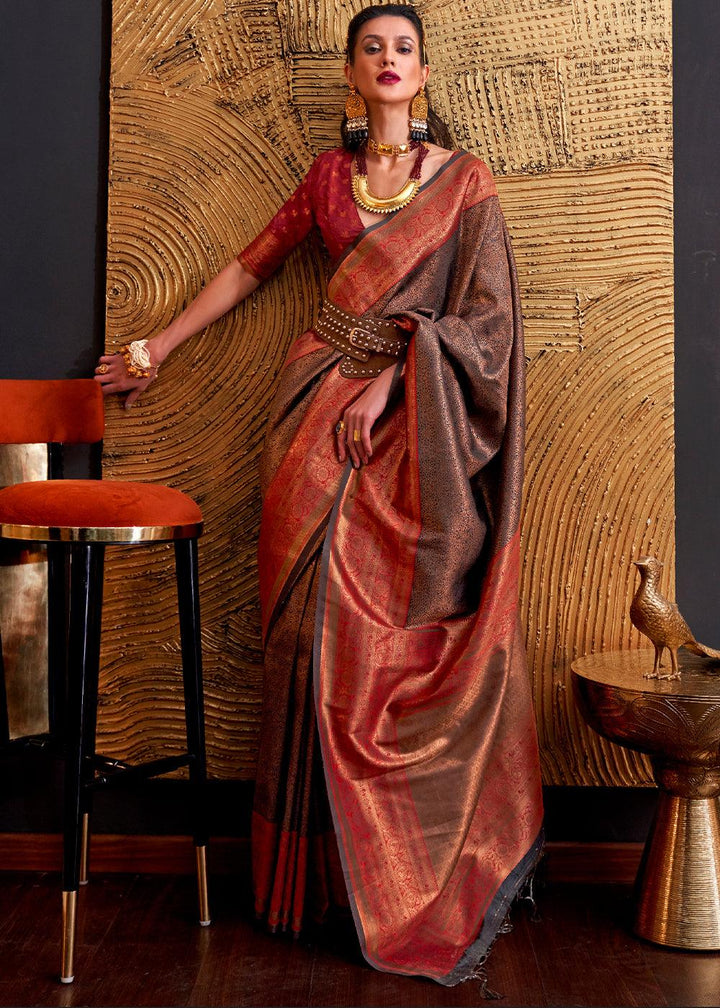 Red & Brown Handloom Woven Designer Silk Saree - qivii