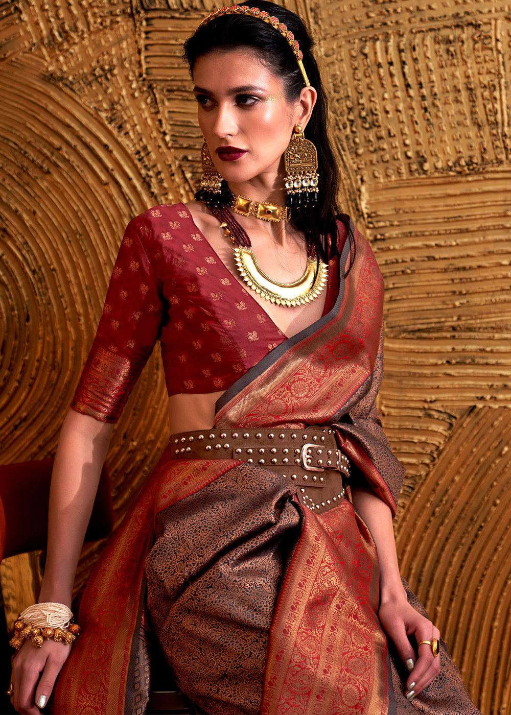 Red & Brown Handloom Woven Designer Silk Saree - qivii