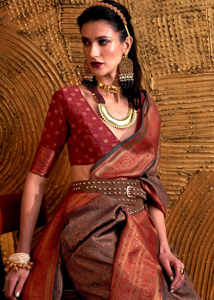 Red & Brown Handloom Woven Designer Silk Saree - qivii