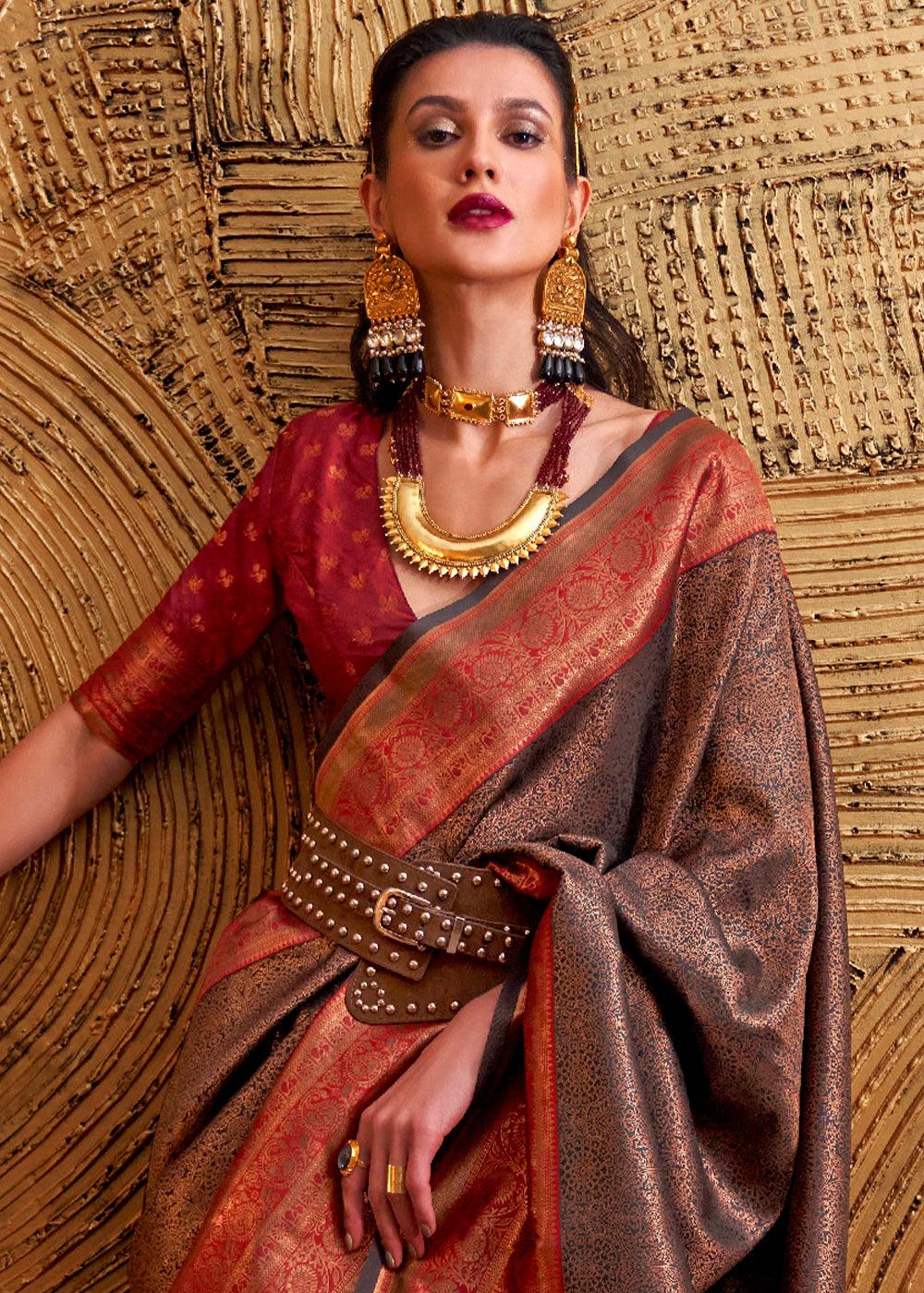 Red & Brown Handloom Woven Designer Silk Saree - qivii