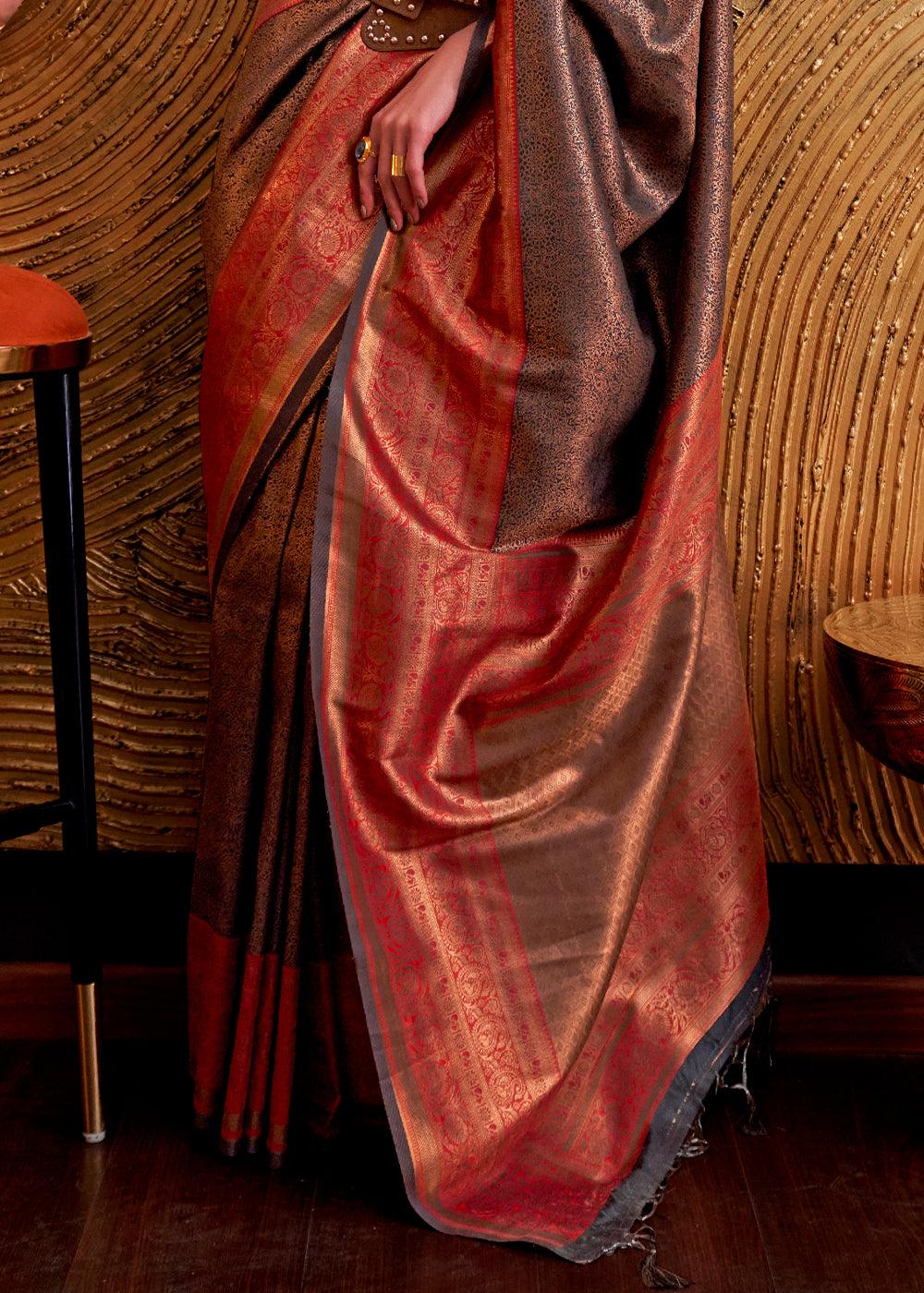 Red & Brown Handloom Woven Designer Silk Saree - qivii