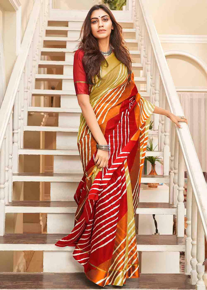 Red & Brown Leheriya Printed Cotton Saree : Top Pick | Stitched Blouse - qivii