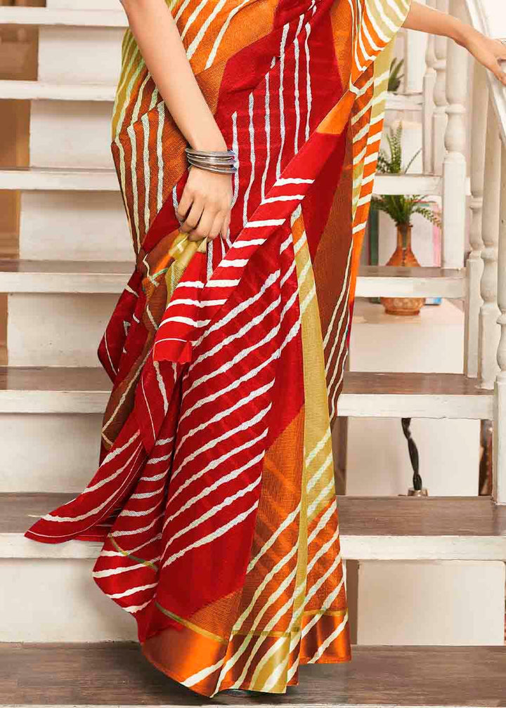 Red & Brown Leheriya Printed Cotton Saree : Top Pick | Stitched Blouse - qivii