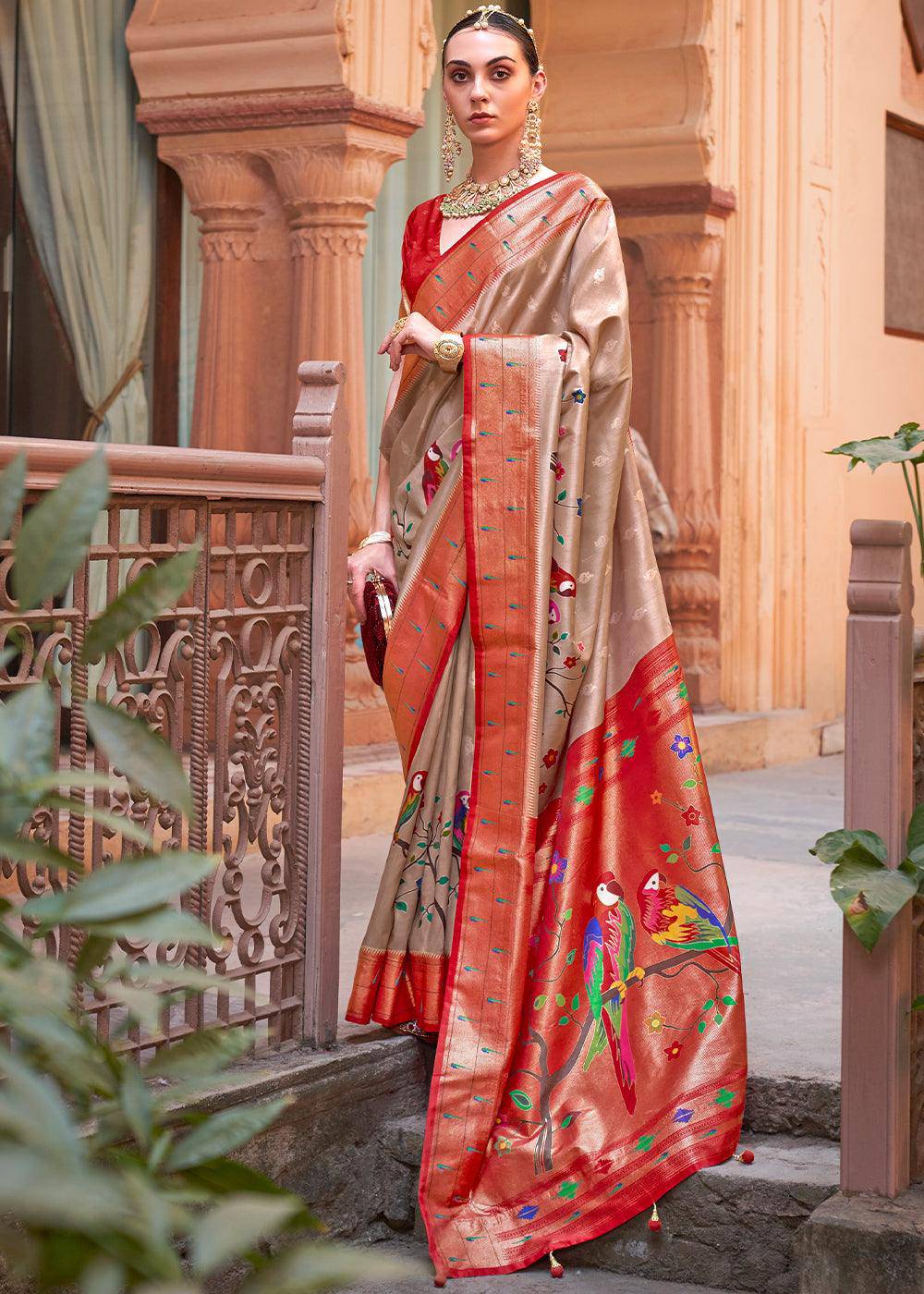 Red & Brown Paithani Silk Saree | Stitched Blouse - qivii