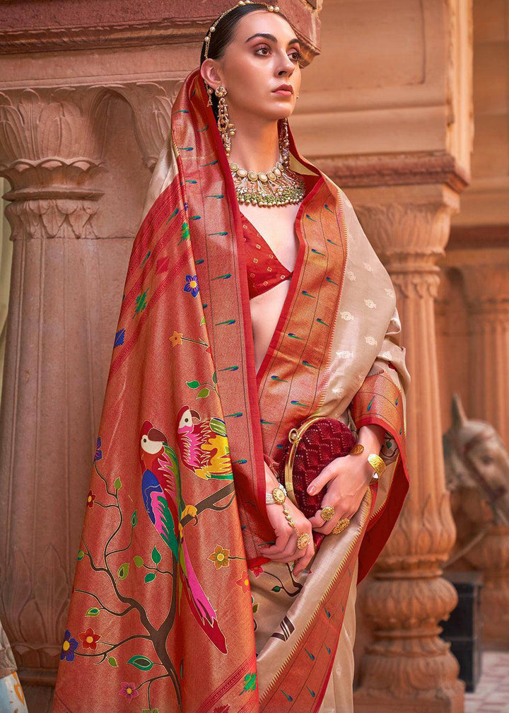 Red & Brown Paithani Silk Saree | Stitched Blouse - qivii