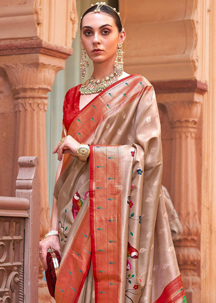 Red & Brown Paithani Silk Saree | Stitched Blouse - qivii