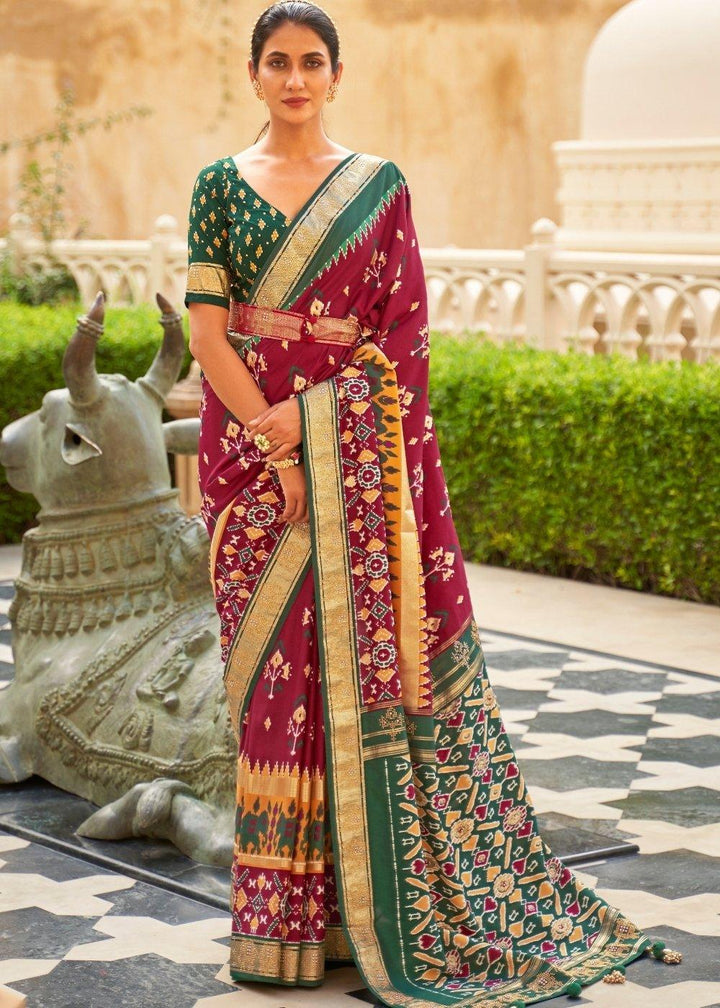 Red & Green Patola Silk Saree with Zari Border & Tassels On Pallu | Stitched Blouse - qivii