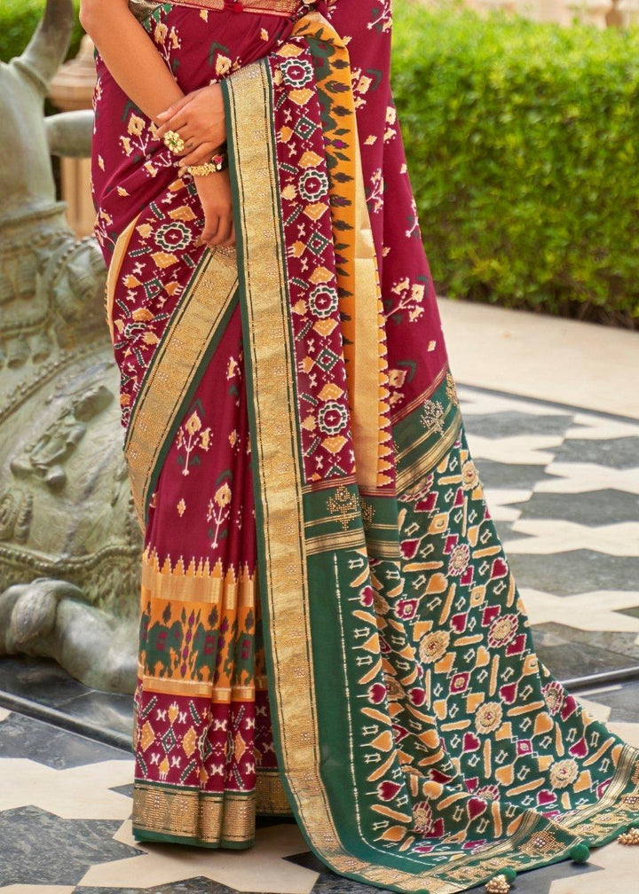 Red & Green Patola Silk Saree with Zari Border & Tassels On Pallu | Stitched Blouse - qivii